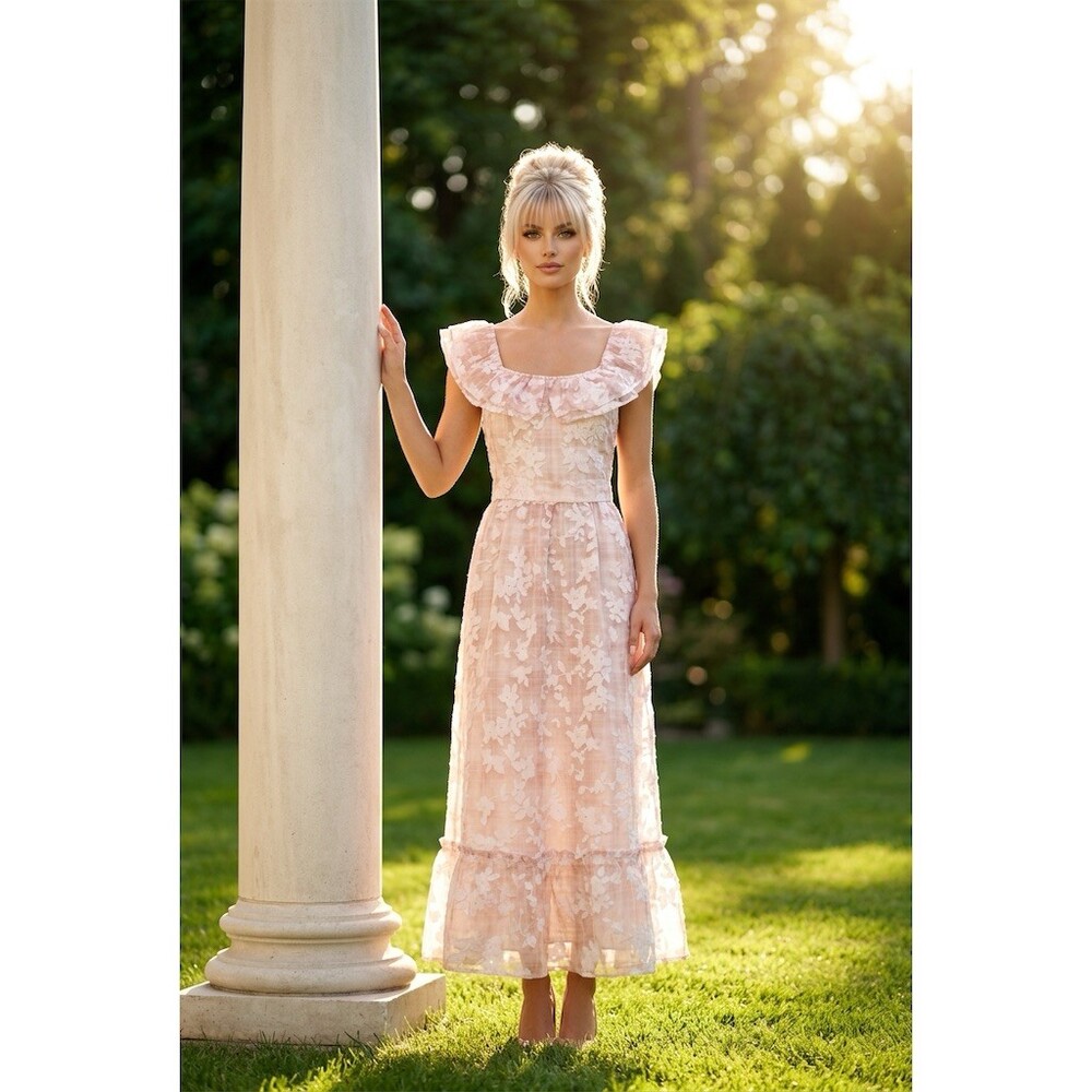 just me Maxi Dress Womens Size S Pink Floral Romantic Ruffle Tie Back